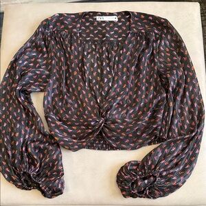 Zara Sheer Black Blouse with Red Accents